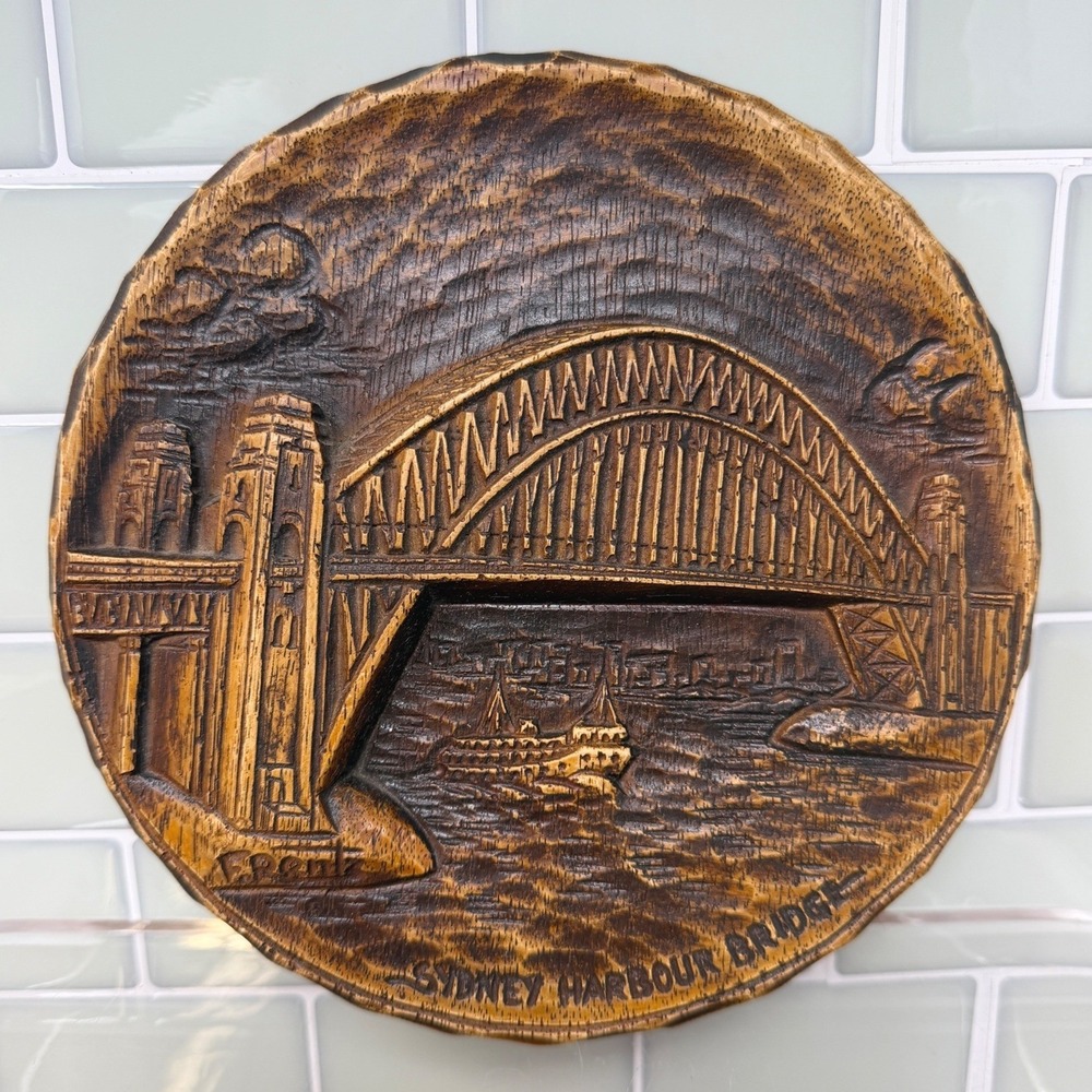 Vintage F Rentz Sydney Harbour Bridge Wall Plaque 3D Wood Carved Relief 7.5"